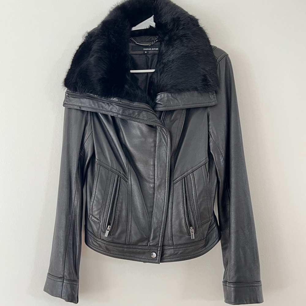 Genuine LEATHER & FUR Crop Womens Biker Jacket ~ S